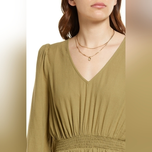 Treasure & Bond V-Neck Long Sleeve Smocked Midi Dress Olive Green Size X-Small - Picture 3 of 11